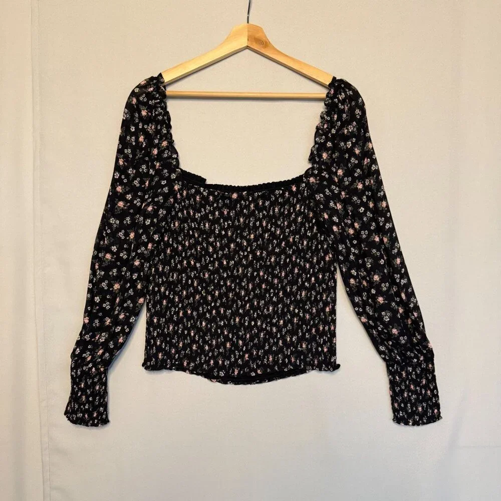 Reformation Pinto Top Smocked Bodice Long Ballon Sleeve Black Pink Freesia 1X